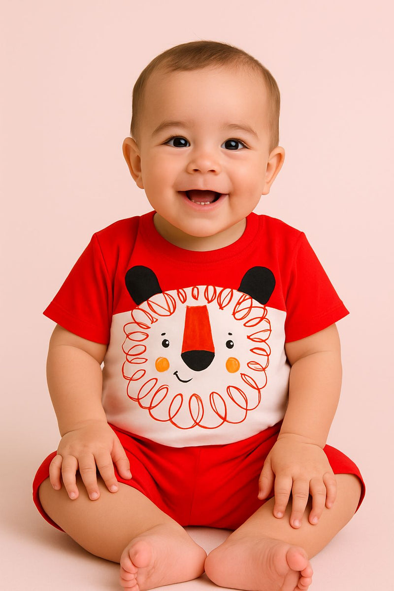 Roupa De Bebê Camiseta e Short Leão vermelho