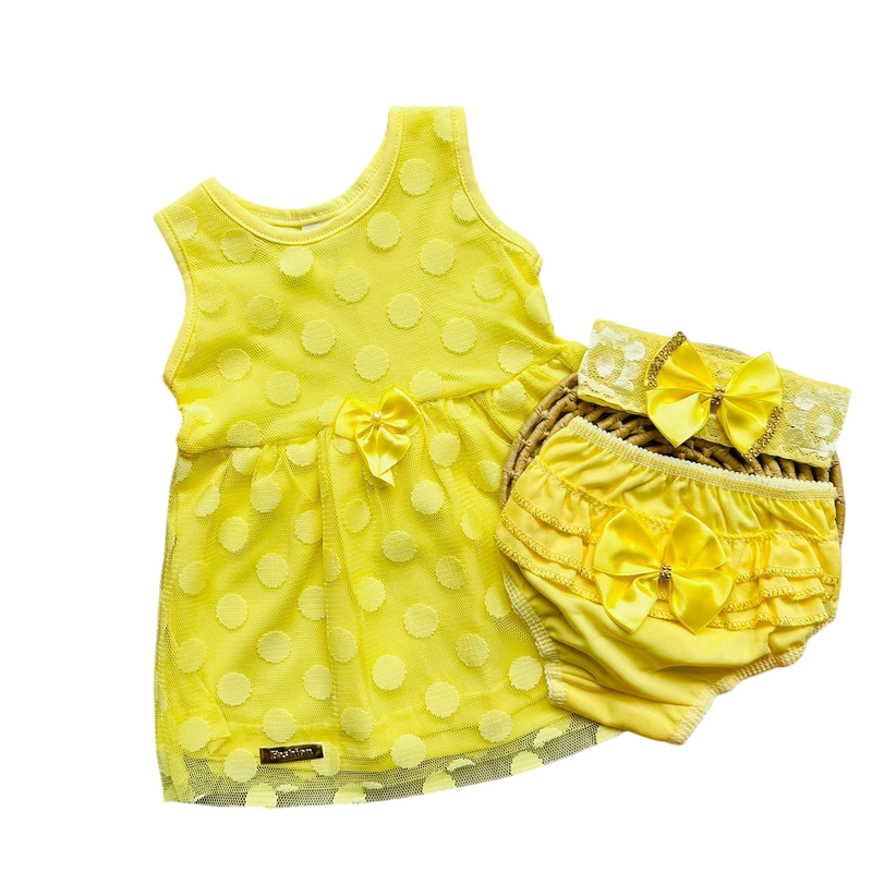 Kit Bebê 3 Peças Vestido + Calcinha + Faixa de Cabelo