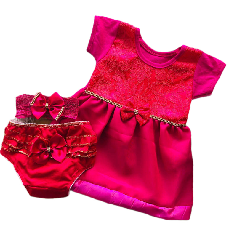 Kit Bebê 3 Peças Vestido + Calcinha + tiara