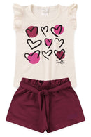 Conjunto Infantil Verão Feminino Corações - Off-White