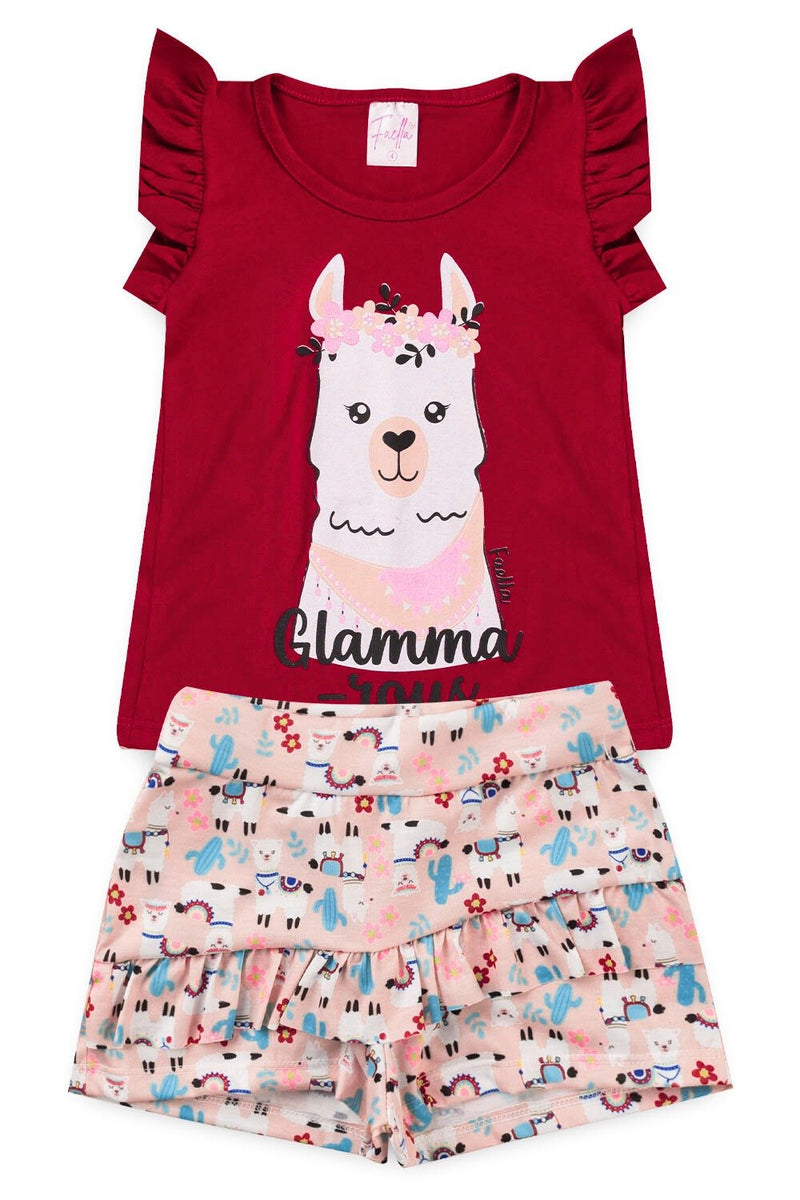 Conjunto Cropped Infantil Verão Feminino lhama Faella - Vermelho