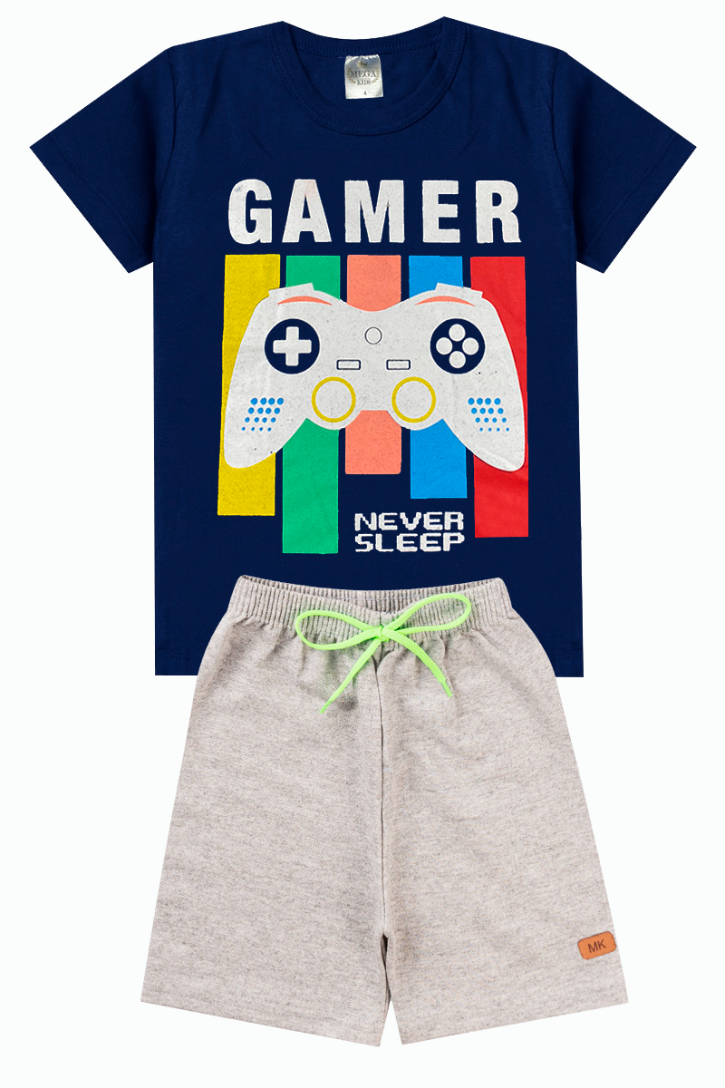 Conjunto Infantil Verão Masculino Gamer Never Sleep - Marinho