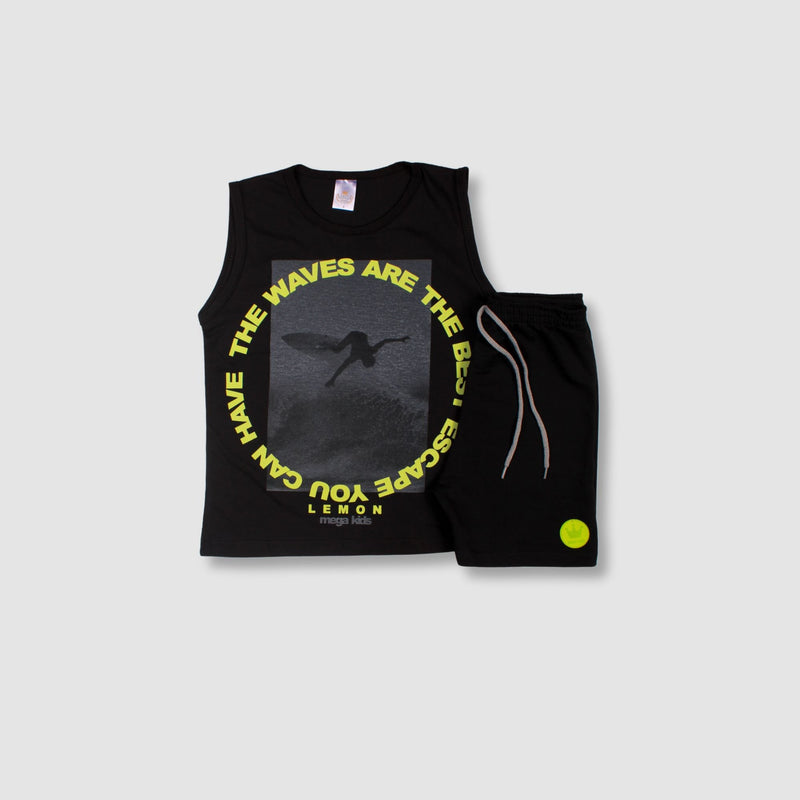 Conjunto Infantil Verão Masculino Regata Surfando - Preto