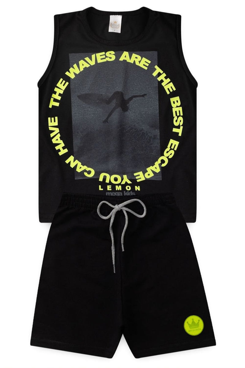 Conjunto Infantil Verão Masculino Regata Surfando - Preto