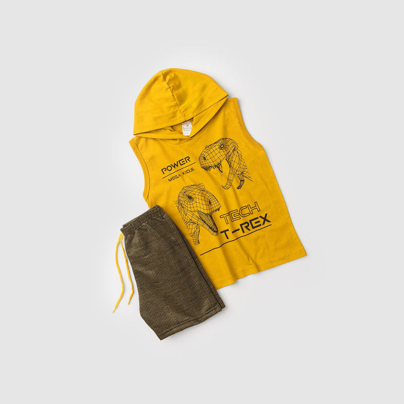 Conjunto Infantil Verão Masculino Regata Com Capuz Dino - Mostarda