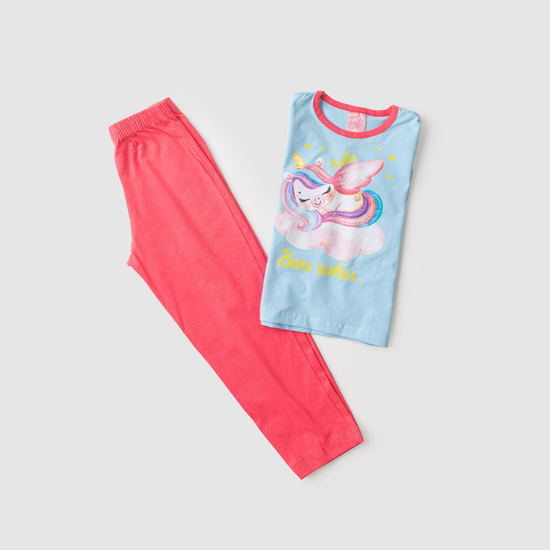 Pijama Infantil Manga Longa Feminino Unicornio - Azul