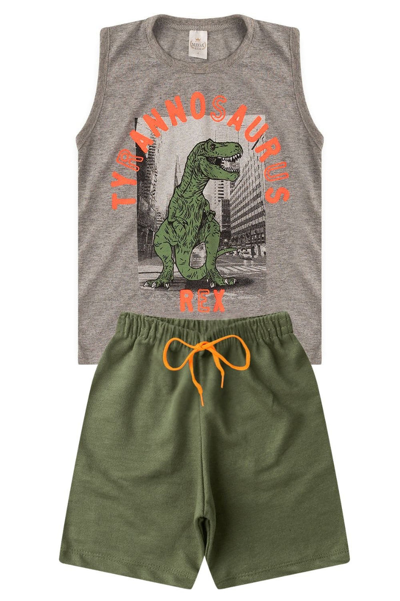 Conjunto Infantil Verão Masculino Regata Tyrannosaurus Rex - Mescla